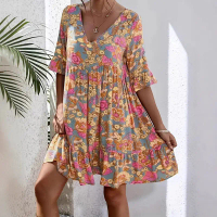 Đầm Mini Cho Nữ, In Hoa, Tay Khuỷu Tay, Cổ Chữ V, Thời Trang Mùa Hè, Phong Cách Boho, Đầm Thường Ngà