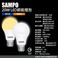 【聲寶SAMPO】LB-P20L LED節能燈泡20W(晝光色/燈泡色)泛周光 省電 長壽 不閃爍 CNS檢驗