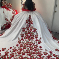 Red Roses Embroidery White Satin Quinceanera Dress 2024 Ball Gown Charro Mexican Dress Off The Shoulder vestido de 15 quinceañer