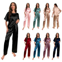 2024 New Ice Silk Pajama Women's Summer Short Sleeve Long Pants Loungewear Loose Casual Set Solid Color Sleepwear for Young Girl