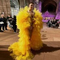 Puffy Tulle Duster Jacket Dress Kimono Gold Yellow Layered Tulle Women Prom Long Jacket Fluffy Tulle Maxi Coat with Sweep Train