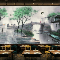 3d立體江南水鄉壁畫墻布餐廳飯店山水風景壁紙酒店包廂水墨畫墻紙