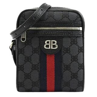 【Balenciaga 巴黎世家】Gucci & Balenciaga聯名款雙B LOGO印花記者包斜背包(黑 小)