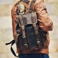 Handmade Retro Crazy Horse Leather Backpack First Layer Leather Large-capacity Backpack Men's Leather Travel Bag School Bag