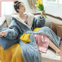 睡衣女 冬長款睡裙 加絨 加厚 睡袍 大碼浴袍星星家居服 女士睡裙 日韓純棉睡衣 珊瑚絨懶人休閒睡衣睡袍 加厚大碼睡袍衣
