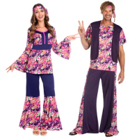 Fashion Floral Retro 60s 70s Hippies Costume Halloween Cosplay Rock Music Disco Stage Performance Couples Clothing