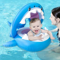 Baby Float Swimming Pool Toddler Floaties with Inflatable Canopy Shark Infant Pool Float for Kids Baby Swimming Pool Float Ring
