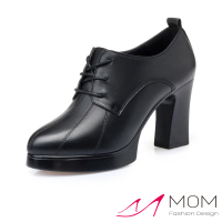 【MOM】真皮踝靴 高跟踝靴/真皮設計感車線造型防水台高跟踝靴(黑)