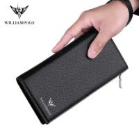 WilliamPOLO Mens Wallet Zipper Hasp Long Genuine Leather Business Phone with Strap Credit Cards Clutch Coin Wallet PL128