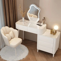 實木岩板奶油風收納櫃化妝台  (80CM桌+3抽櫃+雲朵鏡+花瓣椅)
