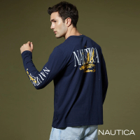 【NAUTICA】男裝 品牌文字印花長袖T恤(深藍)