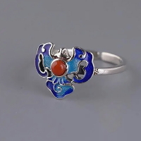 復古戒指女鍍S925銀中式民族風景泰藍氣質開口燒藍南紅瑪瑙指環