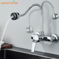Wall Mounted Stream Sprayer Kitchen Faucet Single Handle Dual Holes SUS304 Stainless Steel Flexible Hose Kitchen Mixer Taps