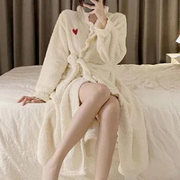 Heart Robe for Women Belt Sleepwear Nightdress Winter Night Wears Pajama Nightgown Long Sleeve Warm Fleece Homewear Japanese New