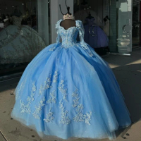 Mexican Sky Blue Off The Shoulder Ball Gown Quinceanera Dress Beaded Lace Appliques Long Sleeved Birthday Gowns Sweet 16 Dress