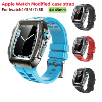 Galaone New Arrival 44 45mm Metal Watch Case With Soft Silicone Strap For Apple Watch Series4 5 6 7 SE Band Bracelet