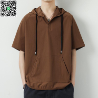 【千羽家居】冰絲涼感短袖帽t男 錦綸材質 五七分袖 ins港風寬鬆頭帽 韓版休閒短袖上 連帽t 短袖男