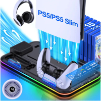 For PS5 Cooling Fan For PlayStation Slim Console Disc/Digital controller charging station,RGB light,