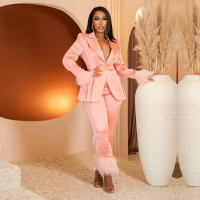Tesco Slim Fit Suit Sets For Women Wear Feathers Sleeve Blazer Suits Spring Autumn Solid Pantsuits Chic Casual Female Jacket