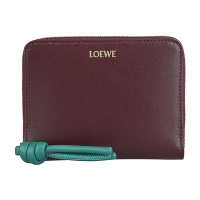 LOEWE燙印金字LOGO內外撞色搭結繩設計小牛皮6卡拉鍊短夾(酒紅x青碧藍)