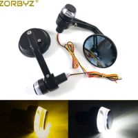 ZORBYZ Motorcycle 7/8" 22mm Black Aluminium Handle Bar End Rearview Side Mirror With LED Turn Signal Strobe Side Marker Light