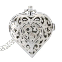 Pocket Watch Hollow Quartz Heart Shaped Pocket Watch Necklace Pendant Chain Clock Women Gift Watch On Chain