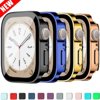 Glass+Case For Apple Watch 9 45mm 41mm 44mm 40 PC straight edge Tempered Screen Protector Cover iWatch Series 4 5 SE 6 7 8 44 MM