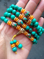 藏式尼泊爾佛珠手鏈108顆綠松石手串蜜蠟藏式黃銅佛頭手鏈1入