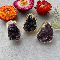 Natural Amethyst Ring, Gold Plated Purple Quartz Ring, Crystal Geode Druzy Women Finger Jewelry, Party Gift