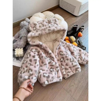 Girls' 2025 Autumn Winter Season New Children's Winter Cotton Jacket Color-Block Leopard Print Fleec