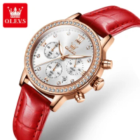 OLEVS 9933 Fashion Quartz Watch Round-dial Leather Watchband Chronograph Calendar