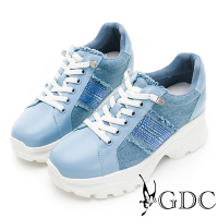 GDC-真皮水鑽拼接單寧風厚底免綁帶休閒鞋-淺藍色
