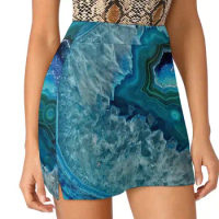 Teal Aqua Turquoise Blue Rock Agate Mineral Crystals Pattern Light Proof Trouser Skirt Women skirt