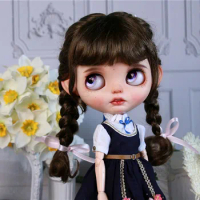 Blythe size Wig Dark brown imitation mohair fringe double braid doll accessories