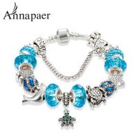 ANNAPAER 2023 Blue Turtles Trollbeads Vintage Charm Bracelets For Women Crystal Beads Pulseras DIY Jewelry Dropshipping B17015