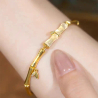 Gelang Bangle Giok Putih Wanita Anti Karat Segmen Bambu Keberuntungan Asli China Lapis Emas 24K Brac