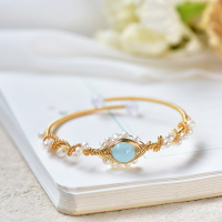 海藍寶 海藍玉髓 14k包金 原創設計珍珠手鐲 金線手工 工藝品