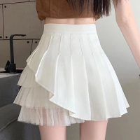 Irregular White Mesh Tulle Pleated Mini Short A-line Skort Skirt y2k korean harajuku Kawaii Skirts