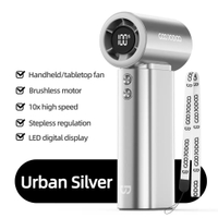 GFS007-Silver สีเงิน พัดลมพกพาความเร็วสูง 10x หน้าจอ LED ความแรงลมที่ได้รับการปรับปรุงและเชือกเส้นเล