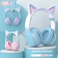 ชุดหูฟังบลูทูธ Dr57 แบตเตอรี่อายุการใช้งานยาวนานเป็นพิเศษ หูแมวเรืองแสงสีไล่โทนสี ชุดหูฟังไร้สาย  หู