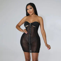 LFRVZ 2022 New Luxury Designer Young Sexy Club See Through Lace Open Strapless Women High Waist Skinny Short Pencil Dress