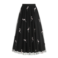 European and American High-Waisted Embroidered Flamingo Skirt Mint Mambo Green High-Waisted Slimming