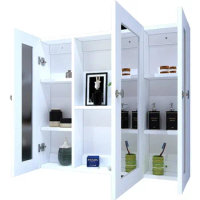 Bathroom mirror cabinet wall mounted pharmacy cabinet with 3 doors, waterproof PVC white