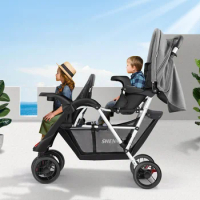 Luxury Double Stroller Folding Portable Twin Baby Stroller Lying and Seating Shock Absorption Newborn Double Seat Strollers