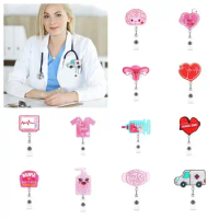 Glitter Nurse Retractable Badge Reel Chill Pill Acrylic Hospital Badge Holder ID Card Clips Love Heart Name Card Holder Doctor