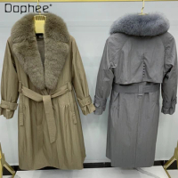 Long Sleeve Fur Trench Coat Parka Coat for Women 2023 Autumn Winter Rabbit Fur Liner Detachable Fox Fur Collar Fur Coat Female
