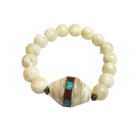 【十方佛教文物】珍珠硨磲鑲綠松石&amp;硨磲手珠13mm