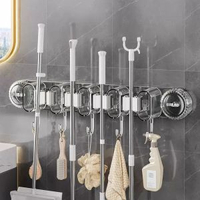 星優吸盤掛鈎免釘牆 廚房浴室強力承重掛衣架 無痕黏膠置物架- 拖把夾透明灰 均碼