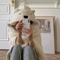 Practical Hooded Blanket Imitation Cashmere Soft Cloak Bear Shape Wide Application Washable Fluffy Throw Blanket