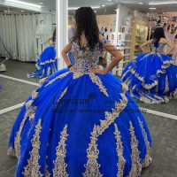 Royal Blue Quinceanera Dress With Gold Lace Floral Applique Beading Mexican Corset Sweet 16 Dress Princess Vestidos De 15 Años